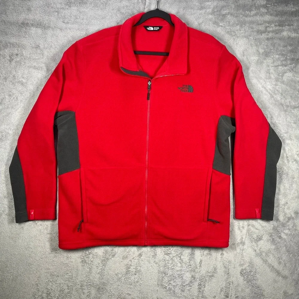 The North Face Fleece Jacket Mens XXL Red Full Zip Grey Panels KH136